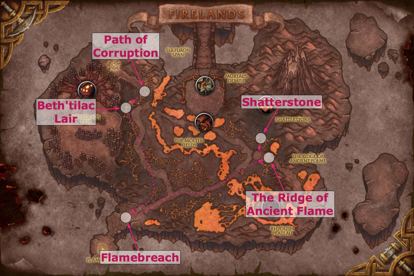 Mappa Firelands con aree Bucket List